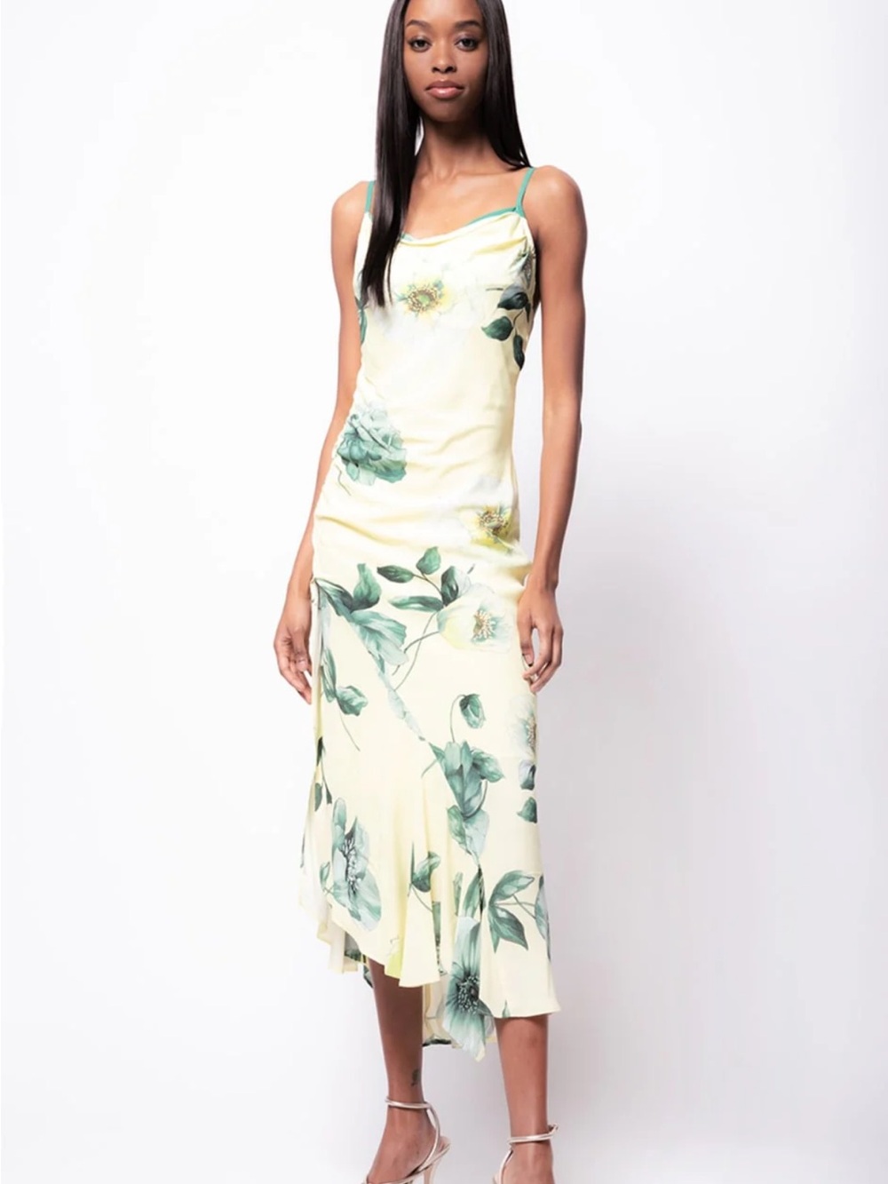 PINKO Longiano Abito Crepe de Chine Floral Slip Midi Dress Yellow Size 4
